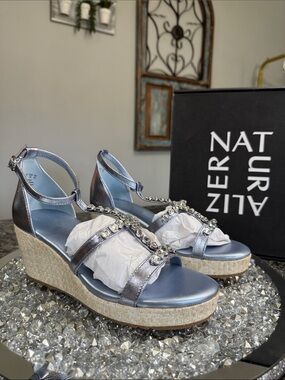 Naturalizer Serena Metallic blue Silver Jeweled Wedge Sandals NEW 8.5